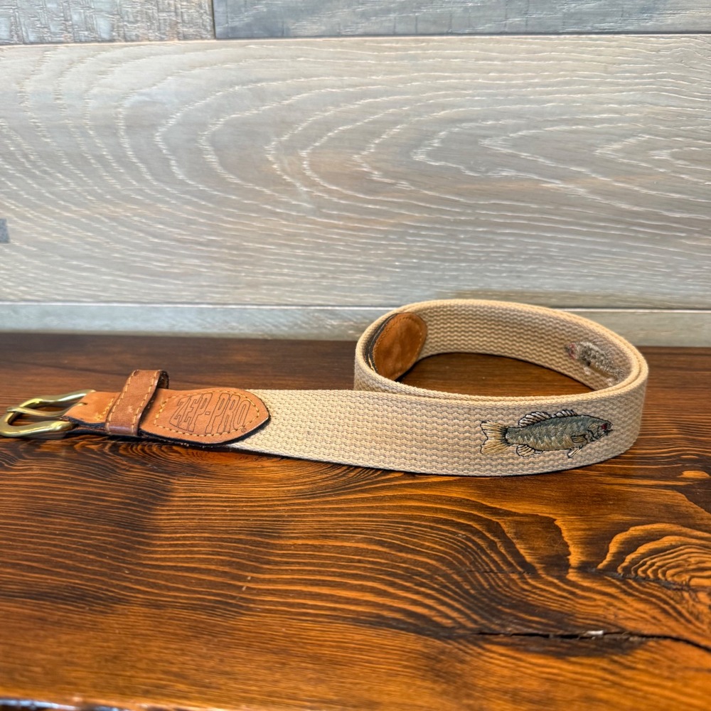 Zep-Pro Mens Size 38 Embroidered Fish Bass Cotton Webbing Leather Belt USA Made